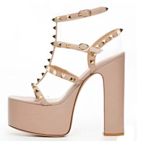 High Heel Rivet Platform Sandals - beige, 6 (EU 37)