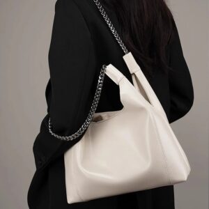 Split Leather Tote with Chain Strap - Ivory, 20cmmax-length30cm