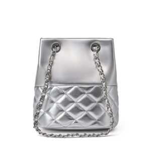 Cowhide leather Bucket Bag - silvery