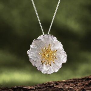 925 Sterling Silver Handmade  Blooming Poppies Flower Pendant - Gold