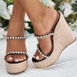 Sexy Wedge Sandals with Crystals - Black, 10 (EU 41)