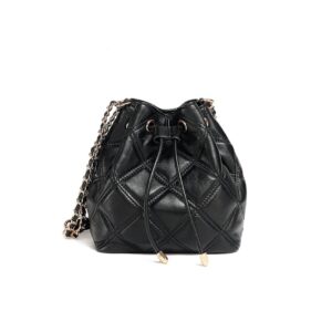 Genuine Leather Crossbody Bucket Bag - Black, 17x19x12cm