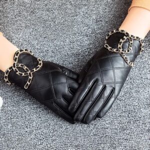 Chain Genuine Sheepskin Leather Gloves - Black, m