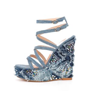 Crystal Embroidered Denim Wedge Sandals - denim, 6.5 (EU 37.5)
