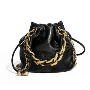 Genuine Leather Quilted Bucket Handbag - Black