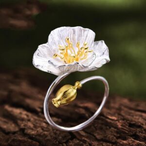 Blooming Poppies Flower 925 Sterling Silver Adjustable Ring - Resizable, Silver