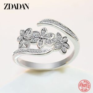ZDADAN 925 Sterling Silver Fashion Adjustable Open CZ Flowers Ring For Women Temperament Jewelry Accessories Gift - Resizable, White