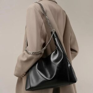 Split Leather Tote with Chain Strap - Black, 20cmmax-length30cm