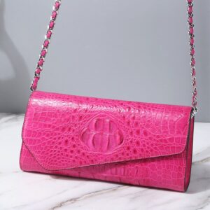 Luxury Authentic Crocodile Leather Envelop Purse - Hot Pink