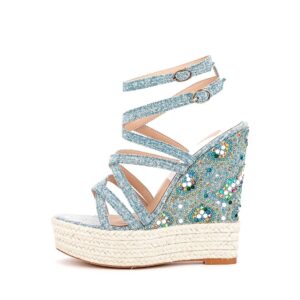 Crystal Embroidered Denim Wedge Sandals - Blue, 4 (EU 35)