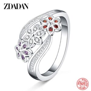 ZDADAN 925 Sterling Silver Fashion Adjustable Open CZ Flowers Ring For Women Temperament Jewelry Accessories Gift - Resizable, Red