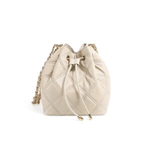 Genuine Leather Crossbody Bucket Bag - Ivory, 17x19x12cm